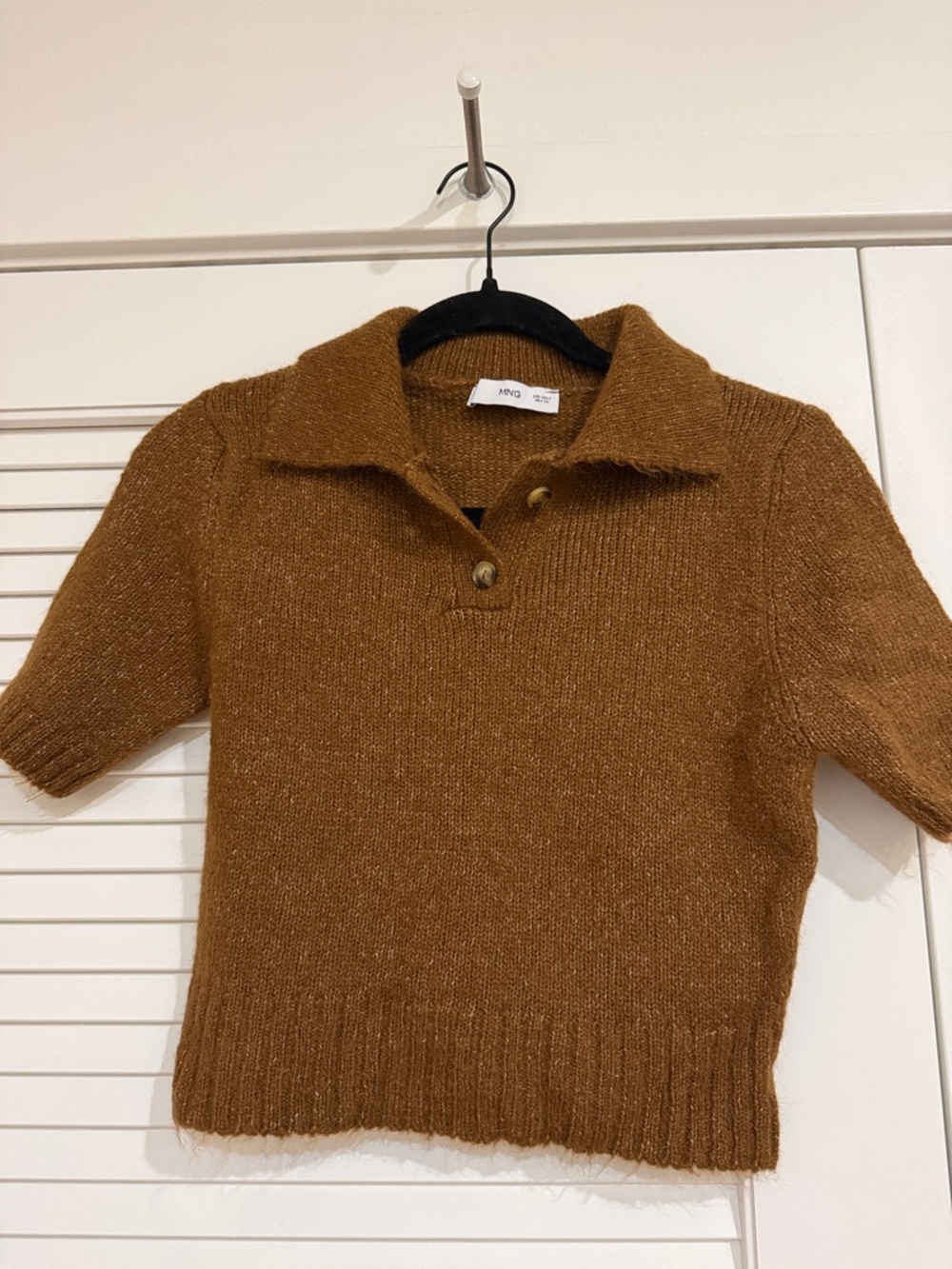 Mango Textured Polo V-Neck Sweater in Warm Brown